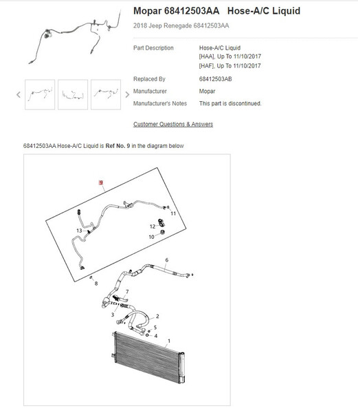Трубка кондиционера печка-конденсер Jeep Renegade  2017 2.4 Бензин 