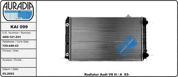 Радиатор  двигателя AURADIA KAI099 Audi A8 D2  1999 4.2 Бензин Черкассы
