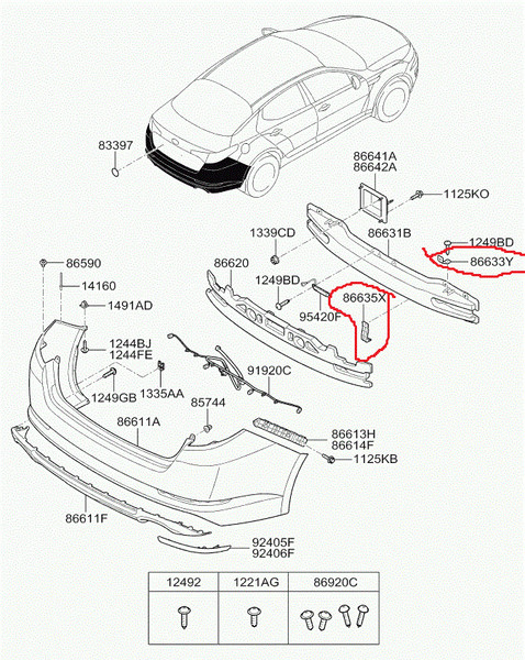 Кронштейны на усилитель заднего бампера (красным) по 2шт 866352t010 и 866332t020 Kia Optima 3  2013 2.4 Бензин 