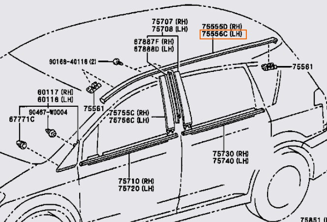 Молдинг крыши левый 75556-0F010   Toyota Corolla Verso
