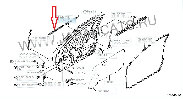 Уплотнитель стекла наружный передней левой двери Nissan Micra K12  2006 1.0 Бензин 