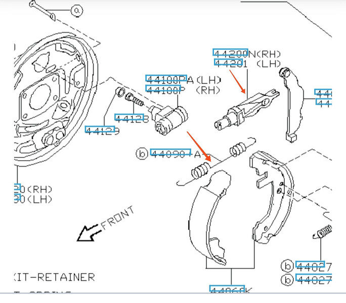 Левый регулятор заднего тормоза и одтяжная пружина задней тормозной колодки Nissan Primera P10  1993 2.0 Дизель Тернополь