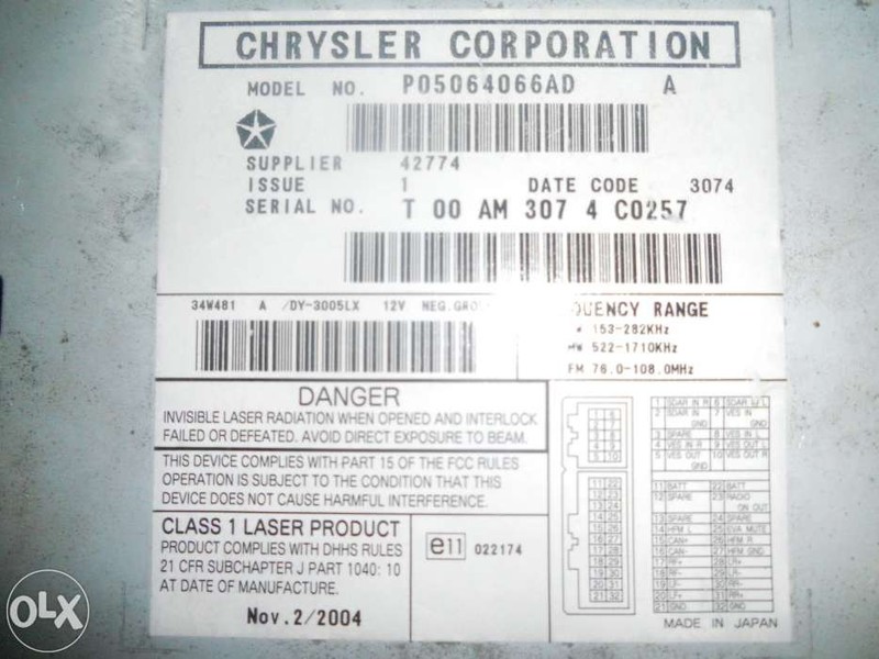 Разьёмы подключения магнитолы Chrysler Voyager  2000 2.4 Бензин Киев